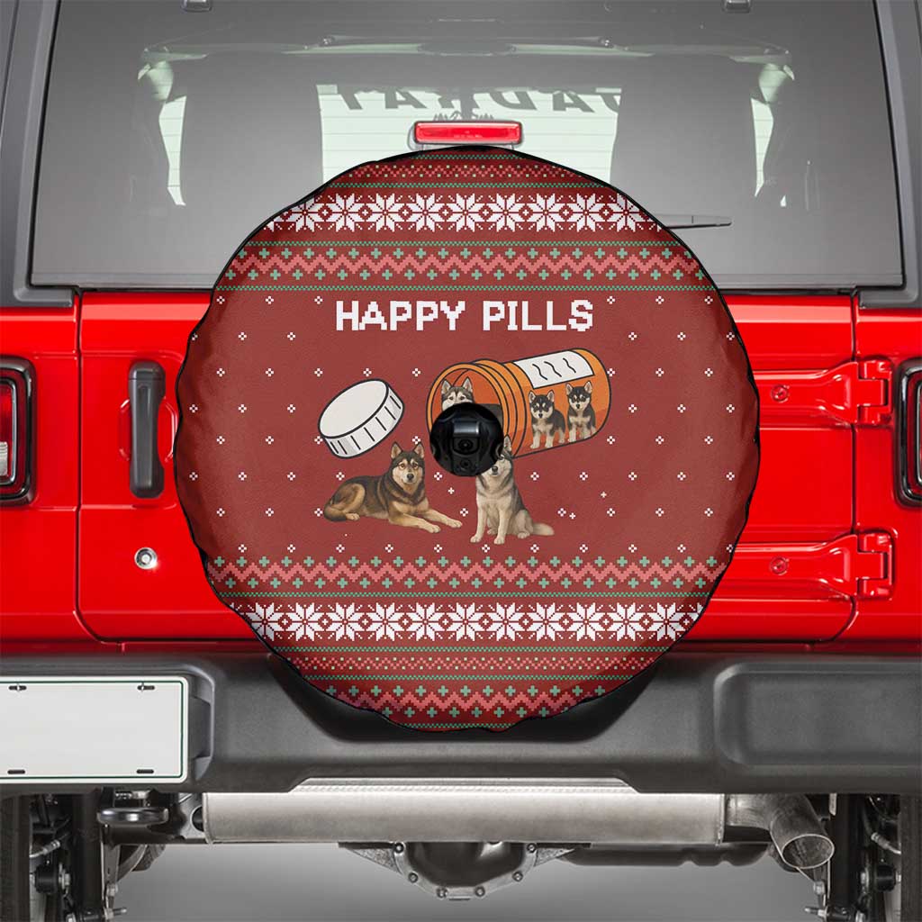 Merry Christmas Siberian Husky Dog Happy Pills Spare Tire Cover Husky Dogs in Pill Bottle and Red Snowflake - Wonder Print Shop