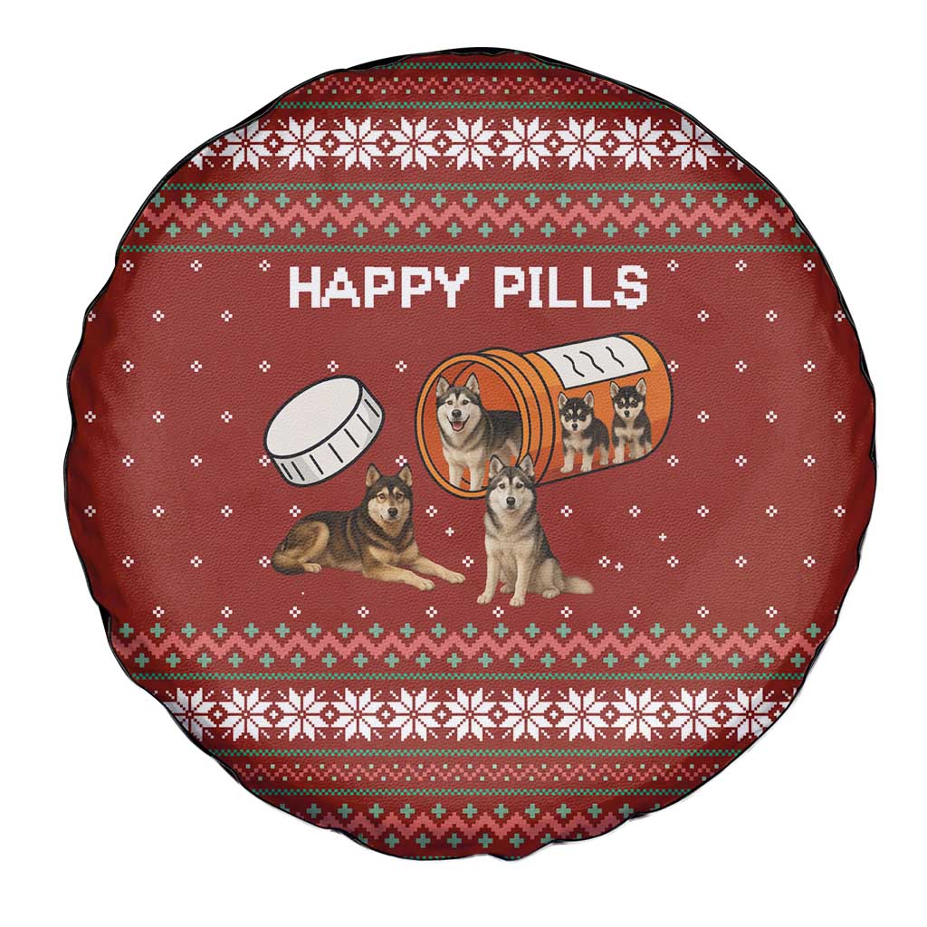 Merry Christmas Siberian Husky Dog Happy Pills Spare Tire Cover Husky Dogs in Pill Bottle and Red Snowflake - Wonder Print Shop