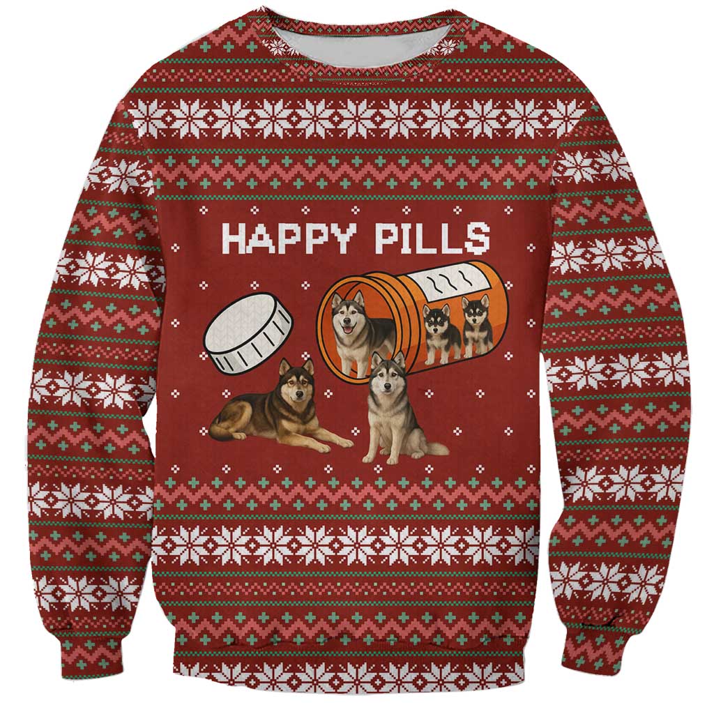 Merry Christmas Siberian Husky Dog Happy Pills Sweatshirt Husky Dogs in Pill Bottle and Red Snowflake - Wonder Print Shop