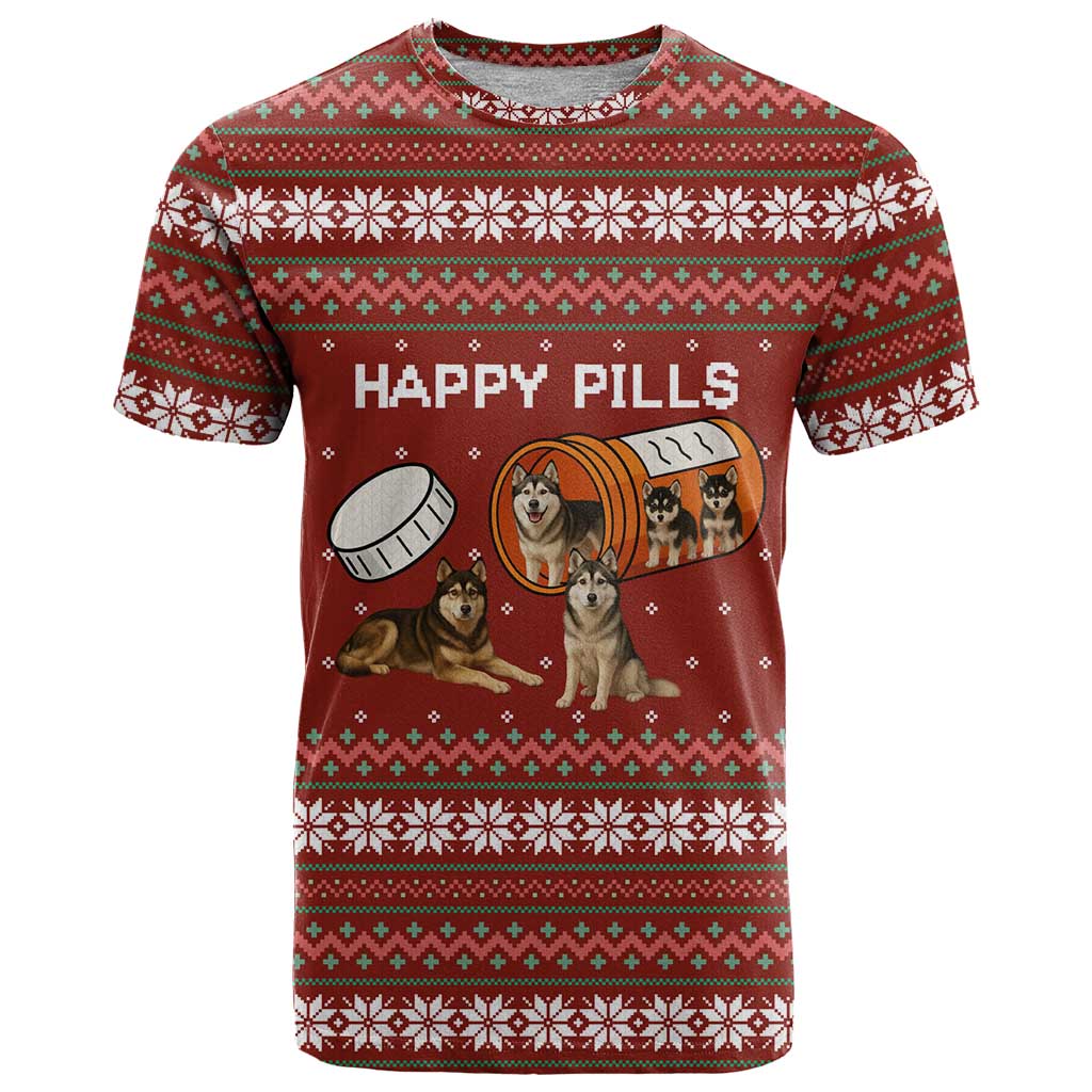Merry Christmas Siberian Husky Dog Happy Pills T Shirt Husky Dogs in Pill Bottle and Red Snowflake - Wonder Print Shop