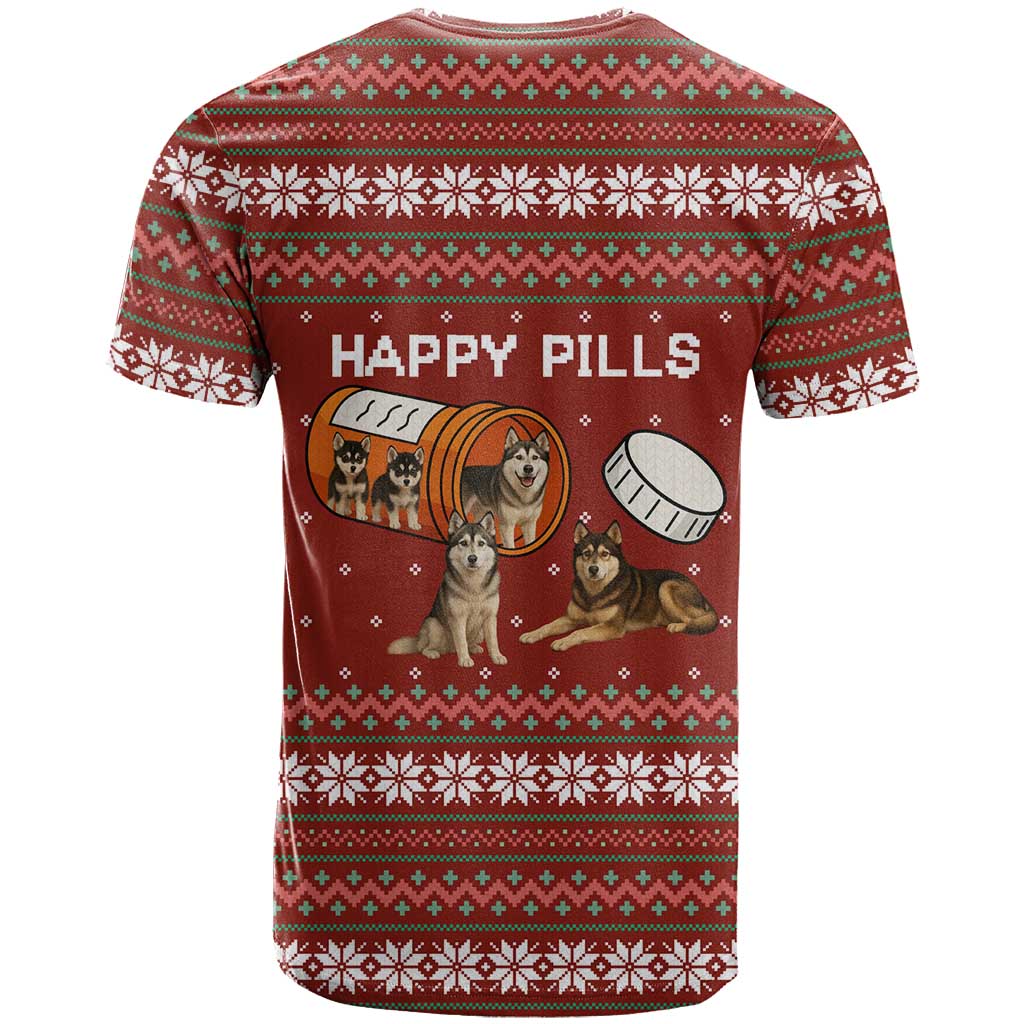 Merry Christmas Siberian Husky Dog Happy Pills T Shirt Husky Dogs in Pill Bottle and Red Snowflake - Wonder Print Shop
