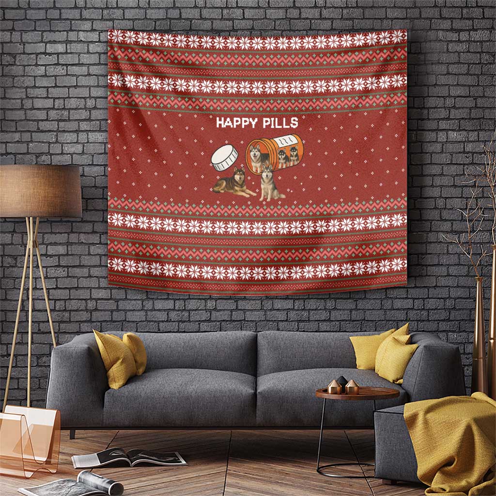 Merry Christmas Siberian Husky Dog Happy Pills Tapestry Husky Dogs in Pill Bottle and Red Snowflake - Wonder Print Shop