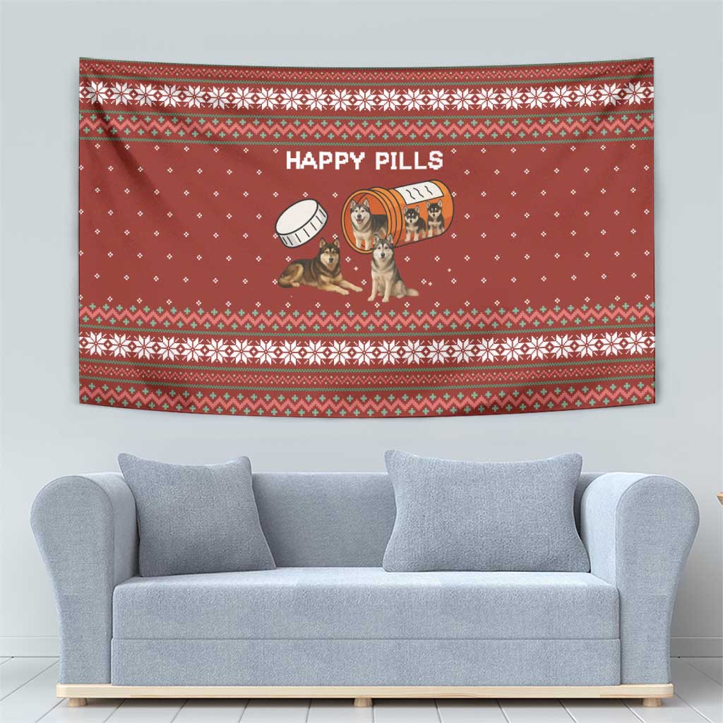 Merry Christmas Siberian Husky Dog Happy Pills Tapestry Husky Dogs in Pill Bottle and Red Snowflake - Wonder Print Shop