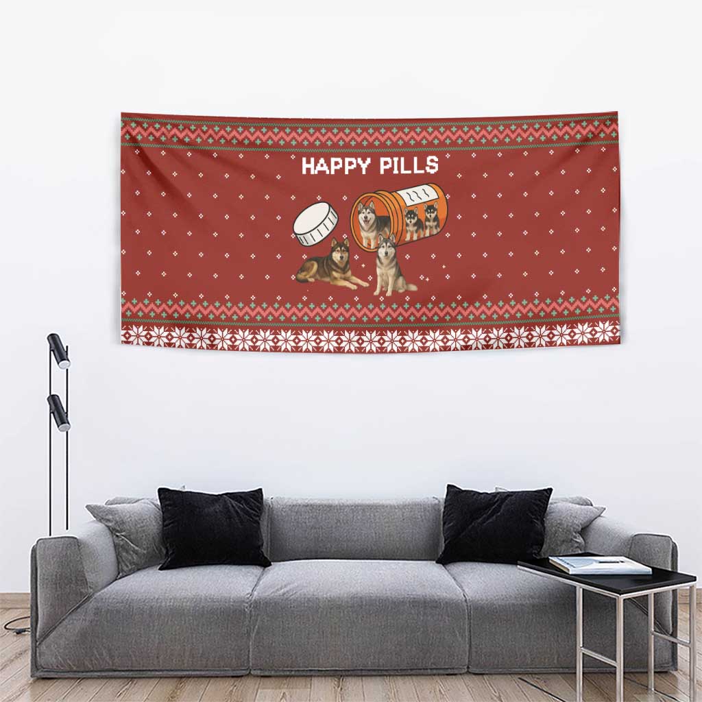 Merry Christmas Siberian Husky Dog Happy Pills Tapestry Husky Dogs in Pill Bottle and Red Snowflake - Wonder Print Shop