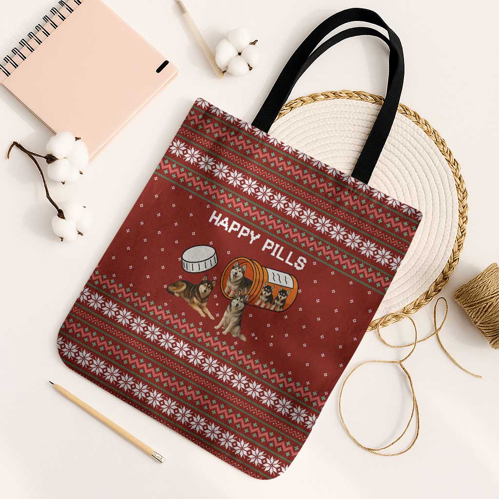 Merry Christmas Siberian Husky Dog Happy Pills Tote Bag Husky Dogs in Pill Bottle and Red Snowflake - Wonder Print Shop