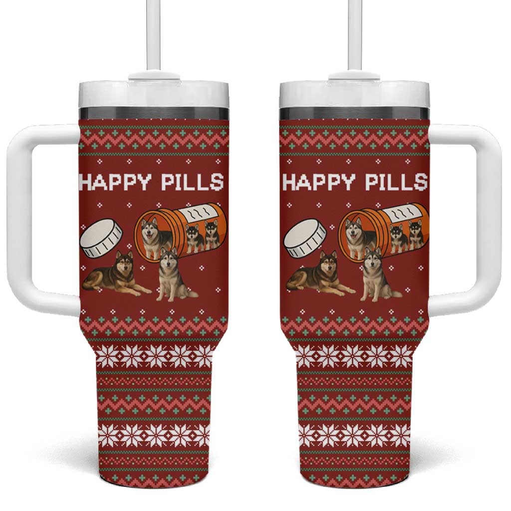 Merry Christmas Siberian Husky Dog Happy Pills Tumbler With Handle Husky Dogs in Pill Bottle and Red Snowflake - Wonder Print Shop