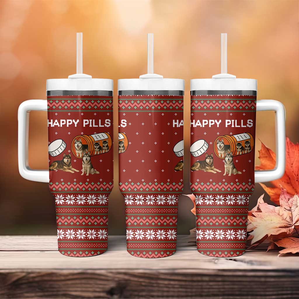 Merry Christmas Siberian Husky Dog Happy Pills Tumbler With Handle Husky Dogs in Pill Bottle and Red Snowflake - Wonder Print Shop