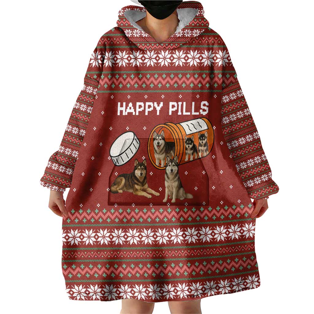Merry Christmas Siberian Husky Dog Happy Pills Wearable Blanket Hoodie Husky Dogs in Pill Bottle and Red Snowflake - Wonder Print Shop