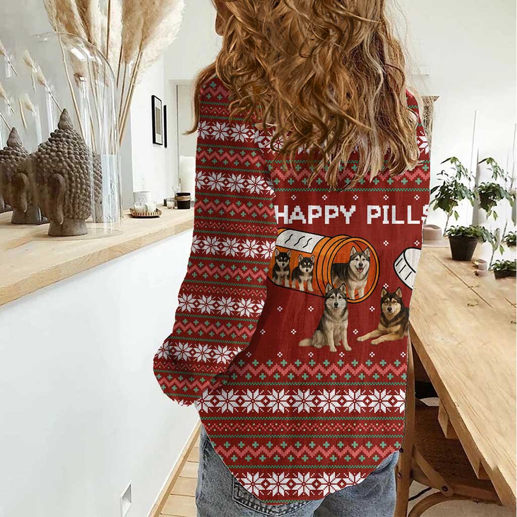 Merry Christmas Siberian Husky Dog Happy Pills Women Casual Shirt Husky Dogs in Pill Bottle and Red Snowflake - Wonder Print Shop