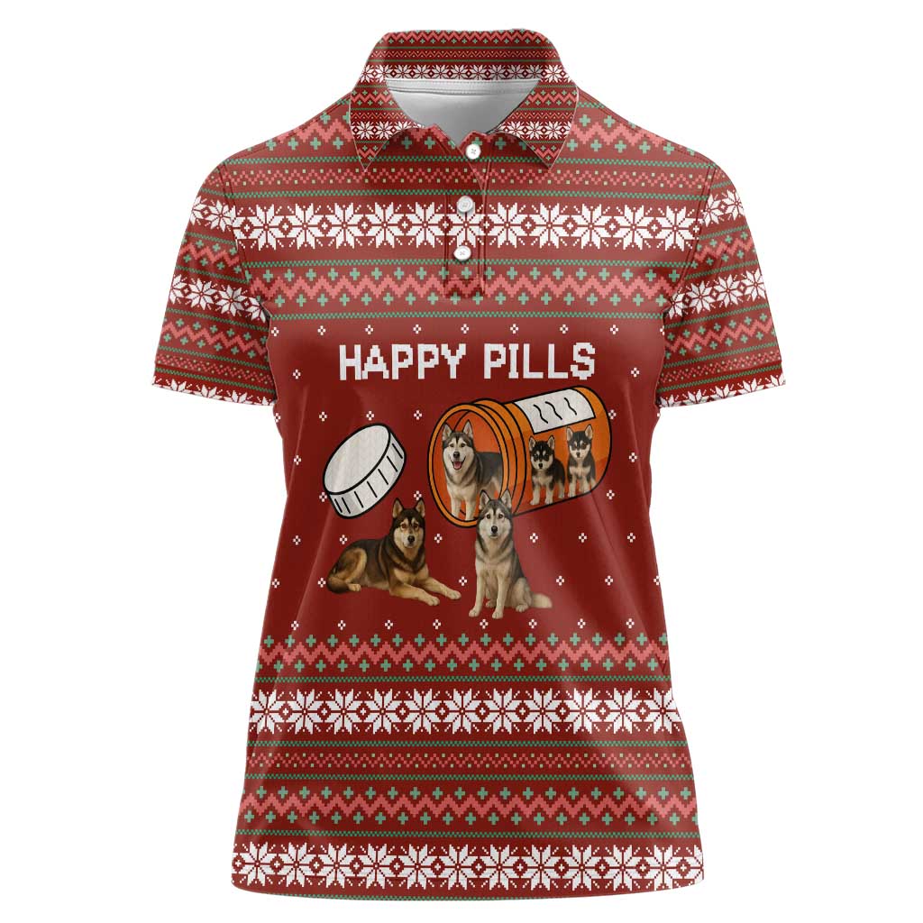 Merry Christmas Siberian Husky Dog Happy Pills Women Polo Shirt Husky Dogs in Pill Bottle and Red Snowflake - Wonder Print Shop