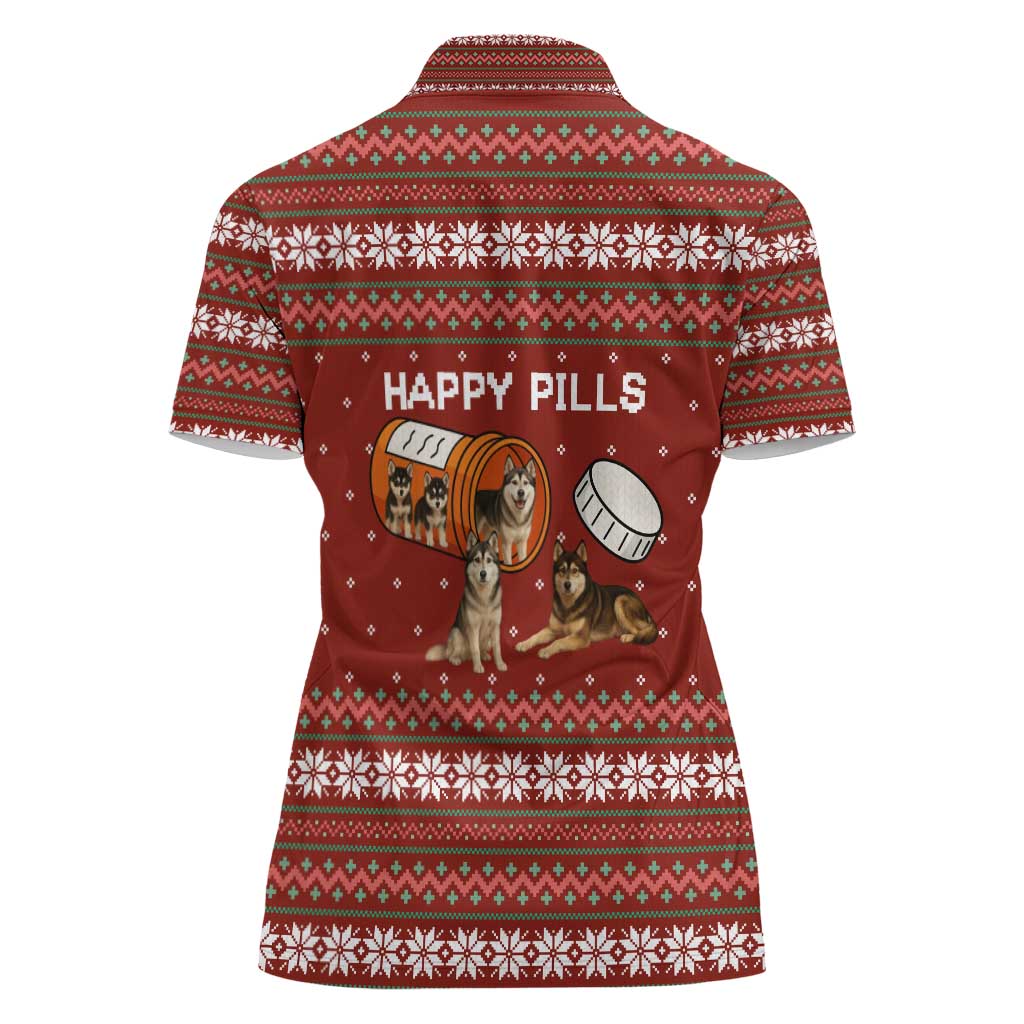 Merry Christmas Siberian Husky Dog Happy Pills Women Polo Shirt Husky Dogs in Pill Bottle and Red Snowflake - Wonder Print Shop