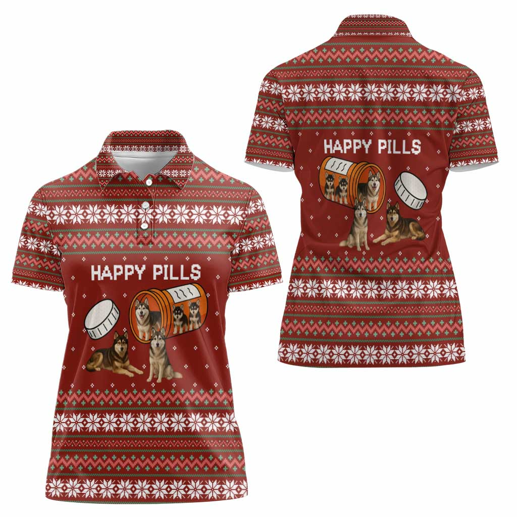 Merry Christmas Siberian Husky Dog Happy Pills Women Polo Shirt Husky Dogs in Pill Bottle and Red Snowflake - Wonder Print Shop