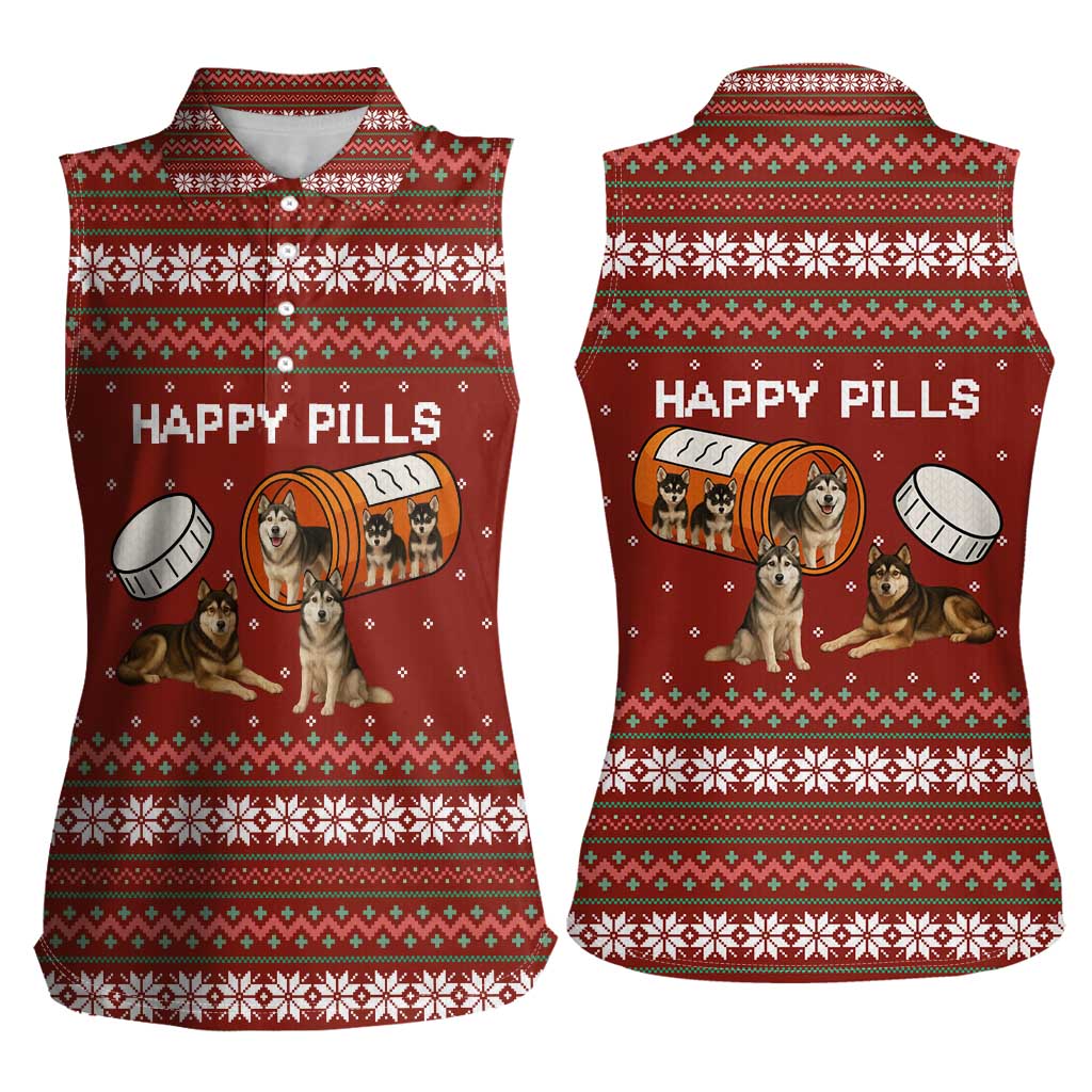 Merry Christmas Siberian Husky Dog Happy Pills Women Sleeveless Polo Shirt Husky Dogs in Pill Bottle and Red Snowflake - Wonder Print Shop
