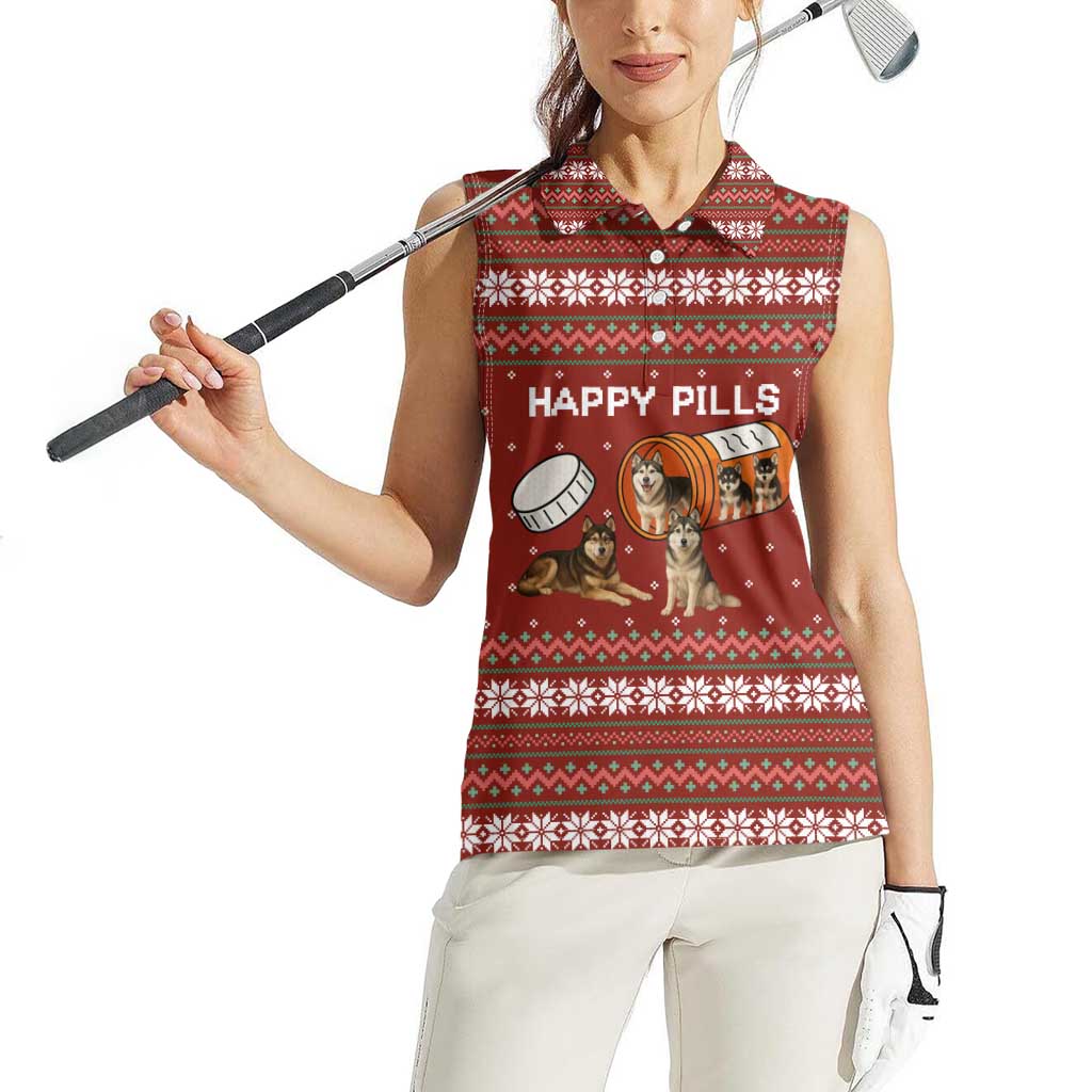 Merry Christmas Siberian Husky Dog Happy Pills Women Sleeveless Polo Shirt Husky Dogs in Pill Bottle and Red Snowflake - Wonder Print Shop