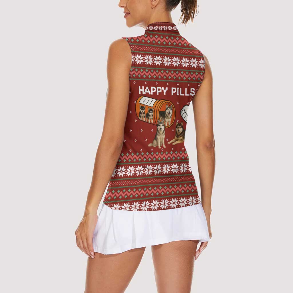 Merry Christmas Siberian Husky Dog Happy Pills Women Sleeveless Polo Shirt Husky Dogs in Pill Bottle and Red Snowflake - Wonder Print Shop