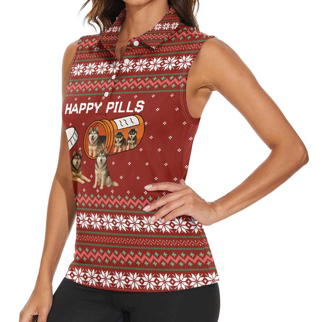Merry Christmas Siberian Husky Dog Happy Pills Women Sleeveless Polo Shirt Husky Dogs in Pill Bottle and Red Snowflake - Wonder Print Shop