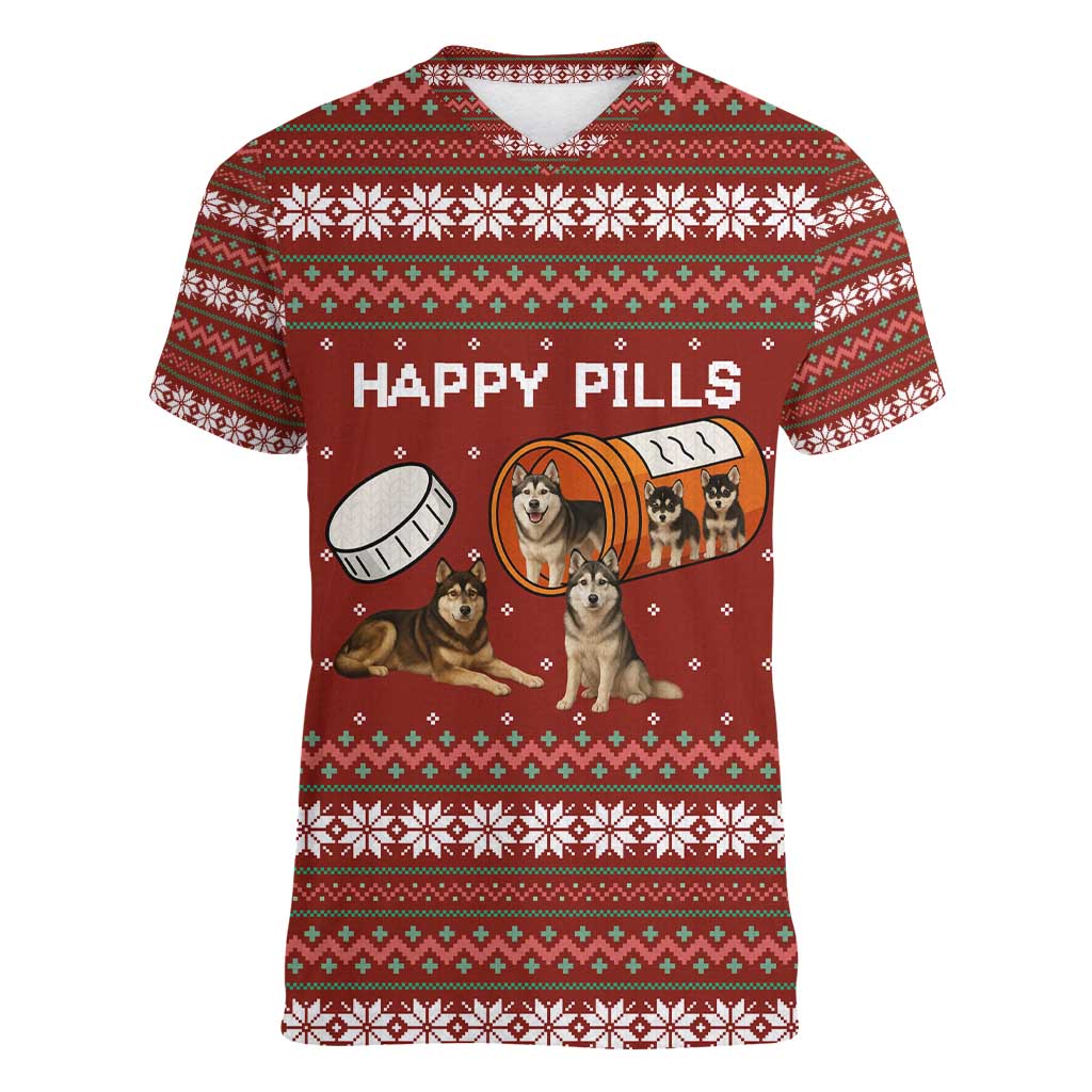 Merry Christmas Siberian Husky Dog Happy Pills Women V-Neck T-Shirt Husky Dogs in Pill Bottle and Red Snowflake - Wonder Print Shop