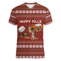 Merry Christmas Siberian Husky Dog Happy Pills Women V-Neck T-Shirt Husky Dogs in Pill Bottle and Red Snowflake - Wonder Print Shop