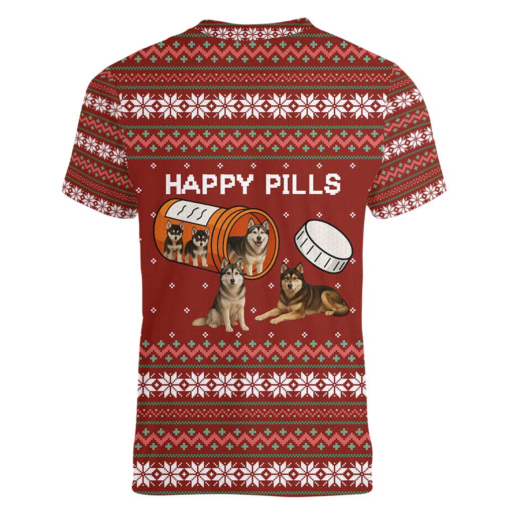 Merry Christmas Siberian Husky Dog Happy Pills Women V-Neck T-Shirt Husky Dogs in Pill Bottle and Red Snowflake - Wonder Print Shop