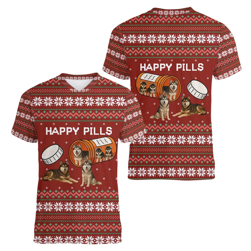 Merry Christmas Siberian Husky Dog Happy Pills Women V-Neck T-Shirt Husky Dogs in Pill Bottle and Red Snowflake - Wonder Print Shop