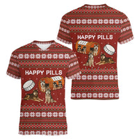 Merry Christmas Siberian Husky Dog Happy Pills Women V-Neck T-Shirt Husky Dogs in Pill Bottle and Red Snowflake - Wonder Print Shop
