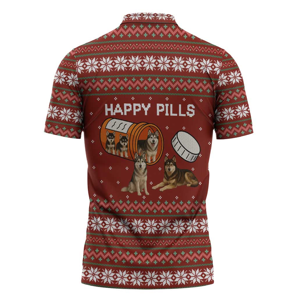 Merry Christmas Siberian Husky Dog Happy Pills Zipper Polo Shirt Husky Dogs in Pill Bottle and Red Snowflake - Wonder Print Shop