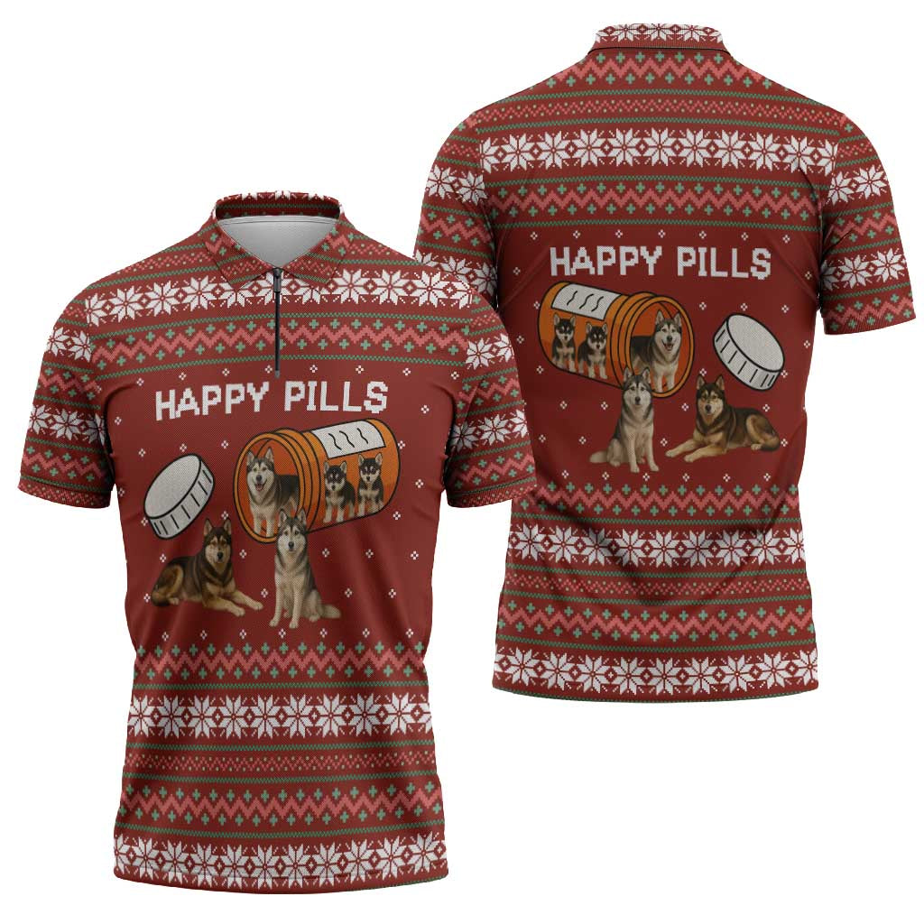 Merry Christmas Siberian Husky Dog Happy Pills Zipper Polo Shirt Husky Dogs in Pill Bottle and Red Snowflake - Wonder Print Shop