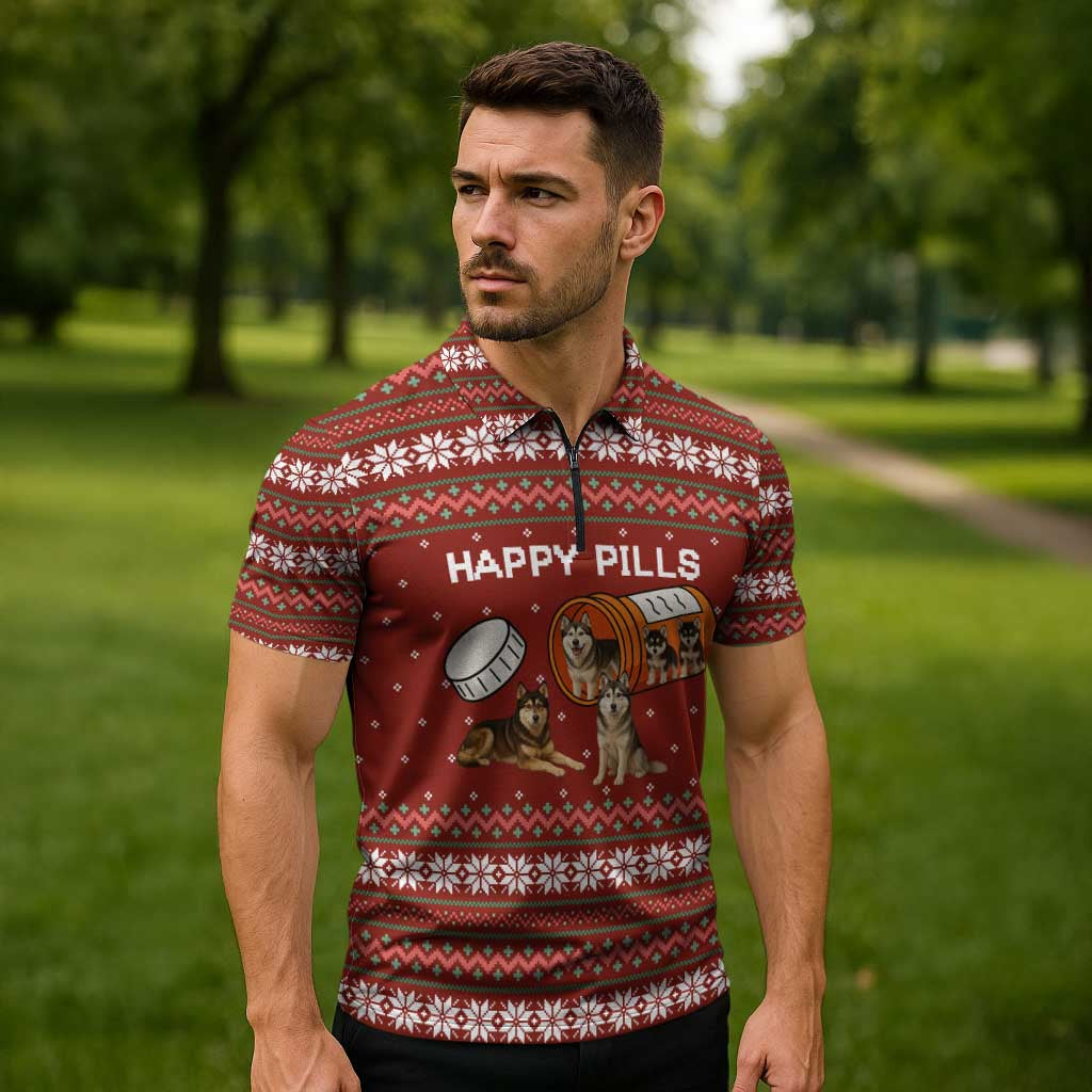 Merry Christmas Siberian Husky Dog Happy Pills Zipper Polo Shirt Husky Dogs in Pill Bottle and Red Snowflake - Wonder Print Shop
