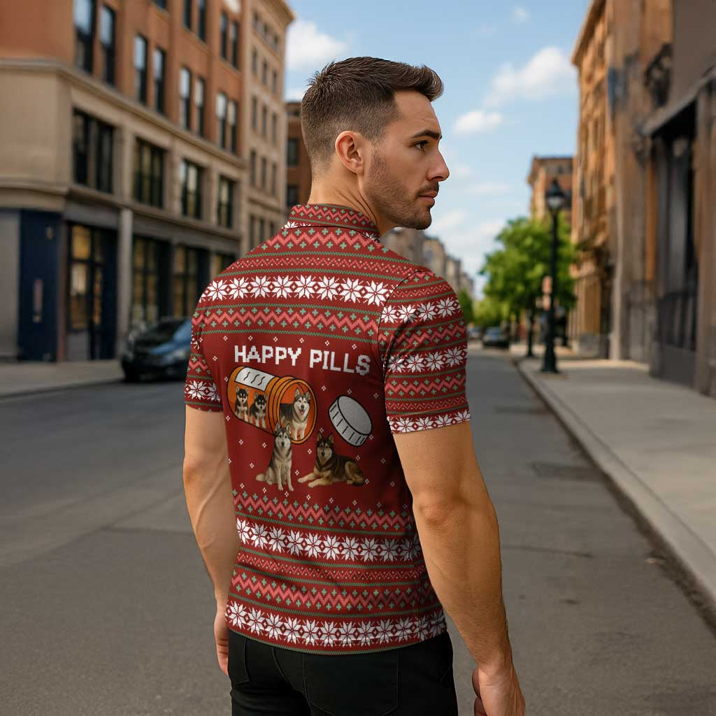 Merry Christmas Siberian Husky Dog Happy Pills Zipper Polo Shirt Husky Dogs in Pill Bottle and Red Snowflake - Wonder Print Shop