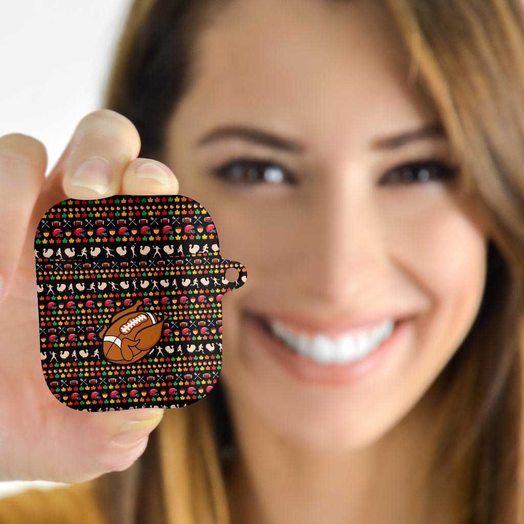 Merry Christmas Turkey Football AirPods Case Fall Leaves Pattern for Game Day Fans - Wonder Print Shop