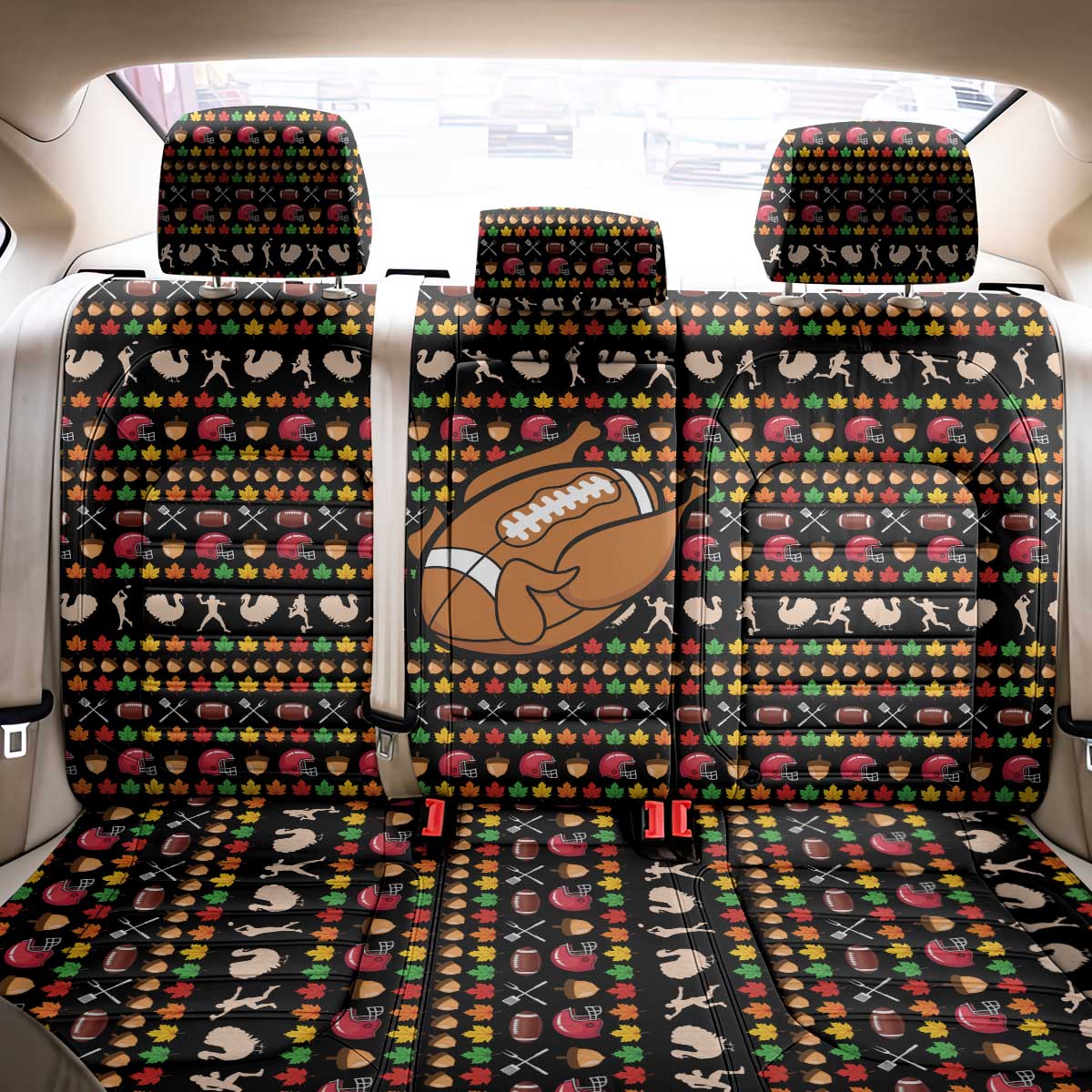 Merry Christmas Turkey Football Back Car Seat Cover Fall Leaves Pattern for Game Day Fans - Wonder Print Shop