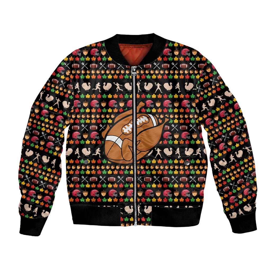 Merry Christmas Turkey Football Bomber Jacket Fall Leaves Pattern for Game Day Fans - Wonder Print Shop