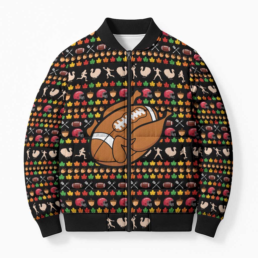 Merry Christmas Turkey Football Bomber Puffer Jacket Fall Leaves Pattern for Game Day Fans - Wonder Print Shop