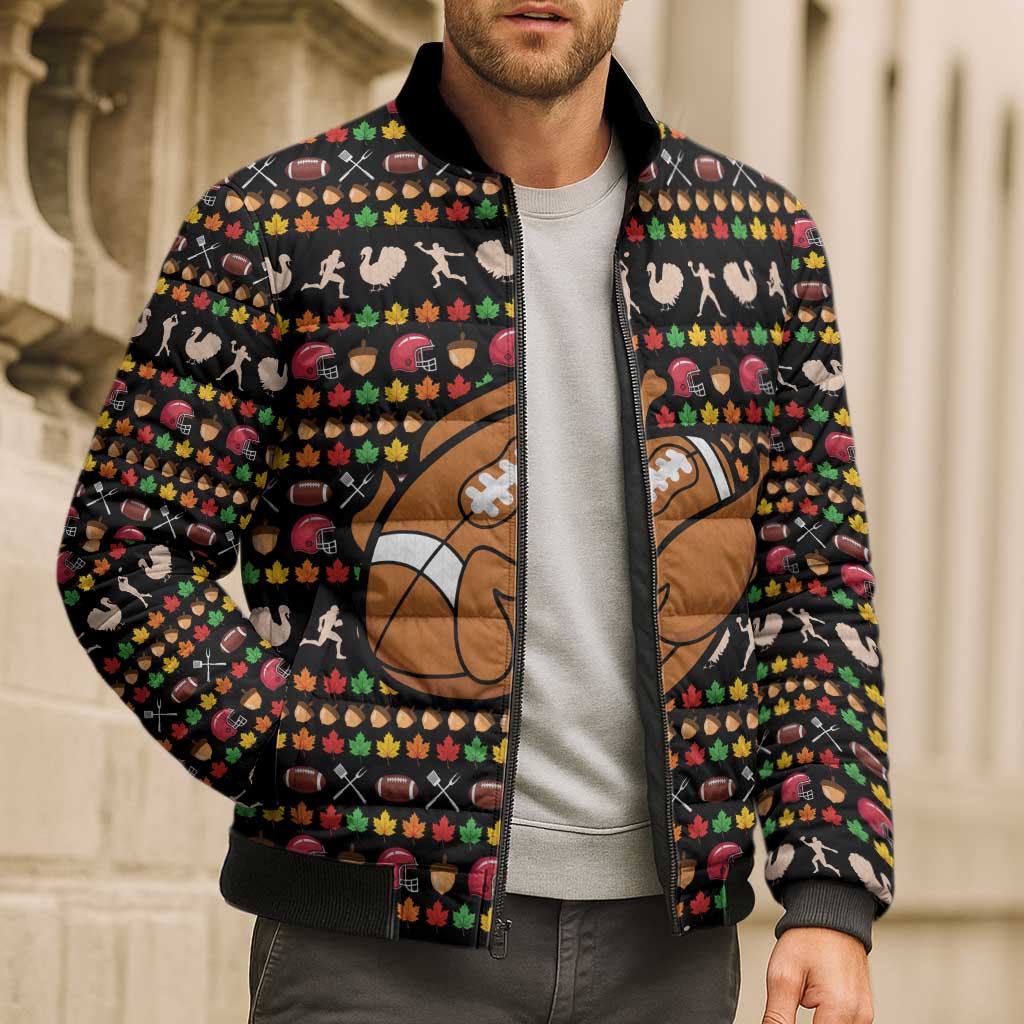 Merry Christmas Turkey Football Bomber Puffer Jacket Fall Leaves Pattern for Game Day Fans - Wonder Print Shop