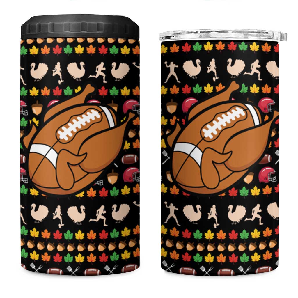Merry Christmas Turkey Football 4 in 1 Can Cooler Tumbler Fall Leaves Pattern for Game Day Fans - Wonder Print Shop