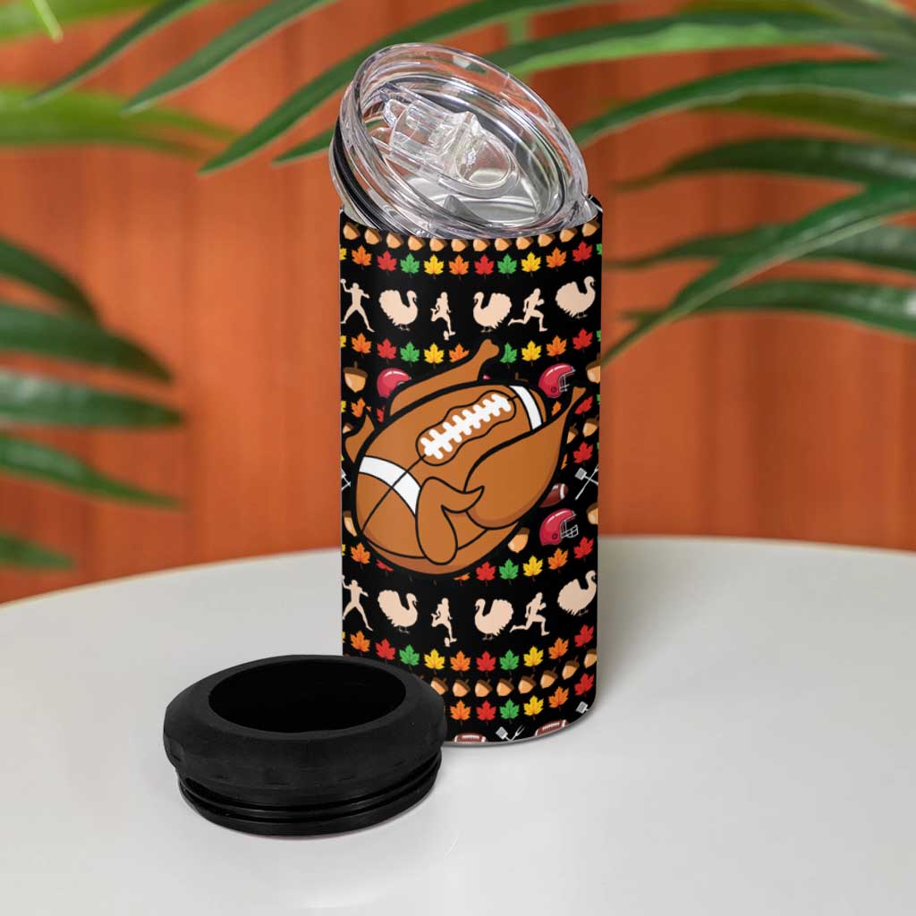 Merry Christmas Turkey Football 4 in 1 Can Cooler Tumbler Fall Leaves Pattern for Game Day Fans - Wonder Print Shop