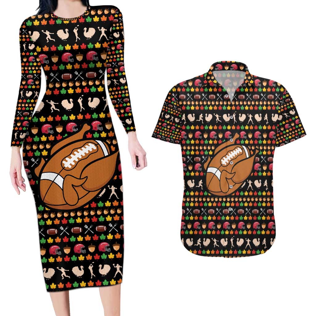 Merry Christmas Turkey Football Couples Matching Long Sleeve Bodycon Dress and Hawaiian Shirt Fall Leaves Pattern for Game Day Fans - Wonder Print Shop