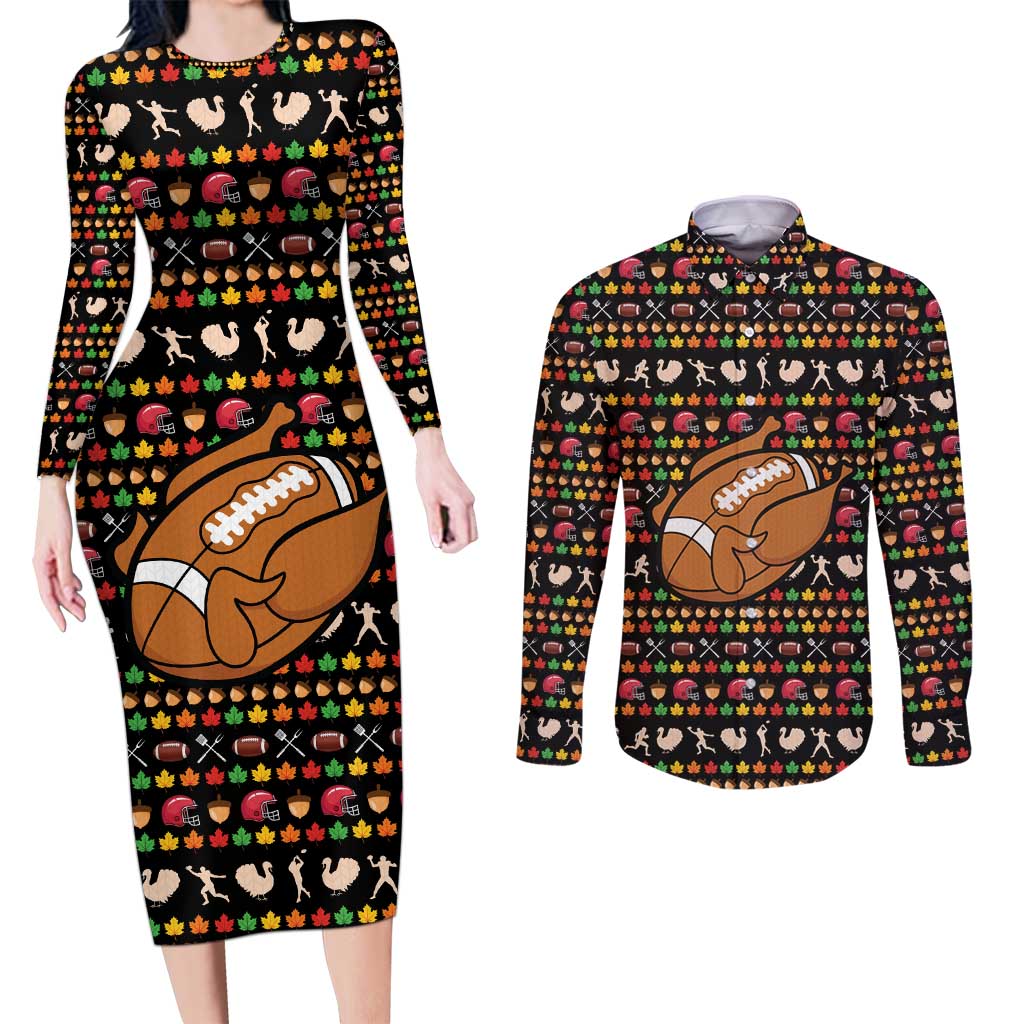 Merry Christmas Turkey Football Couples Matching Long Sleeve Bodycon Dress and Long Sleeve Button Shirt Fall Leaves Pattern for Game Day Fans - Wonder Print Shop
