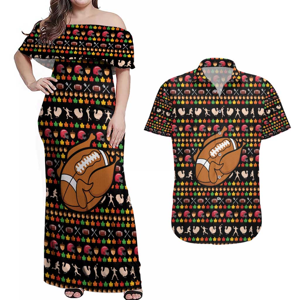Merry Christmas Turkey Football Couples Matching Off Shoulder Maxi Dress and Hawaiian Shirt Fall Leaves Pattern for Game Day Fans - Wonder Print Shop