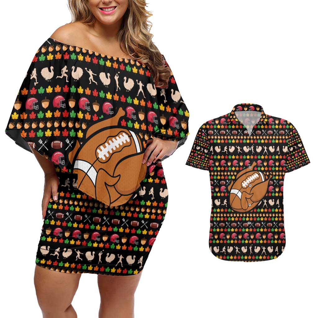 Merry Christmas Turkey Football Couples Matching Off Shoulder Short Dress and Hawaiian Shirt Fall Leaves Pattern for Game Day Fans - Wonder Print Shop