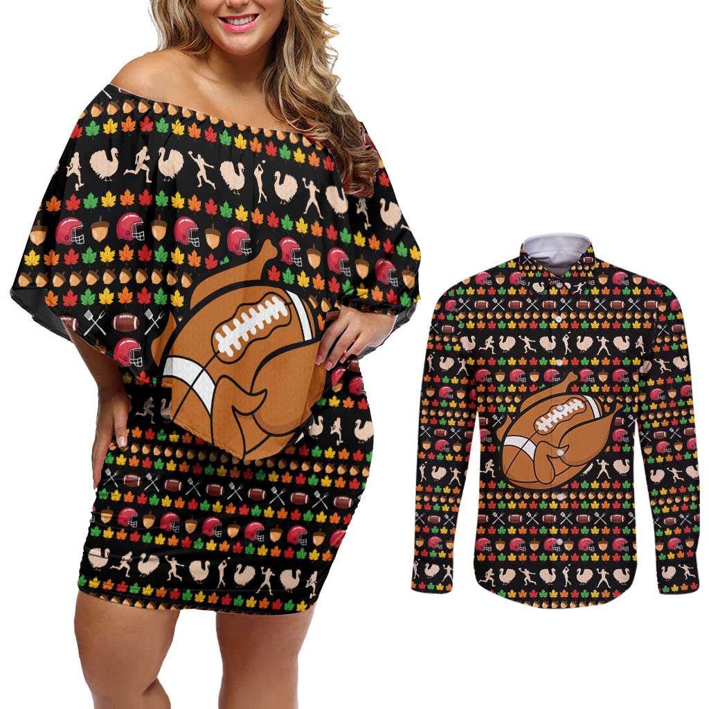 Merry Christmas Turkey Football Couples Matching Off Shoulder Short Dress and Long Sleeve Button Shirt Fall Leaves Pattern for Game Day Fans - Wonder Print Shop