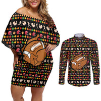 Merry Christmas Turkey Football Couples Matching Off Shoulder Short Dress and Long Sleeve Button Shirt Fall Leaves Pattern for Game Day Fans - Wonder Print Shop