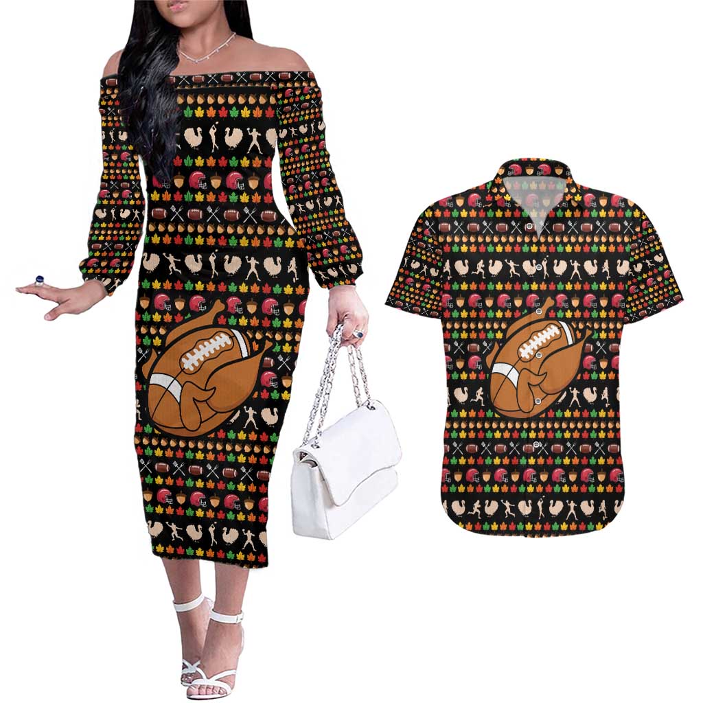 Merry Christmas Turkey Football Couples Matching Off The Shoulder Long Sleeve Dress and Hawaiian Shirt Fall Leaves Pattern for Game Day Fans - Wonder Print Shop