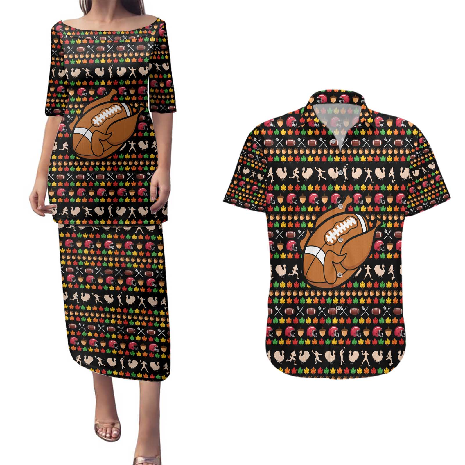 Merry Christmas Turkey Football Couples Matching Puletasi and Hawaiian Shirt Fall Leaves Pattern for Game Day Fans - Wonder Print Shop