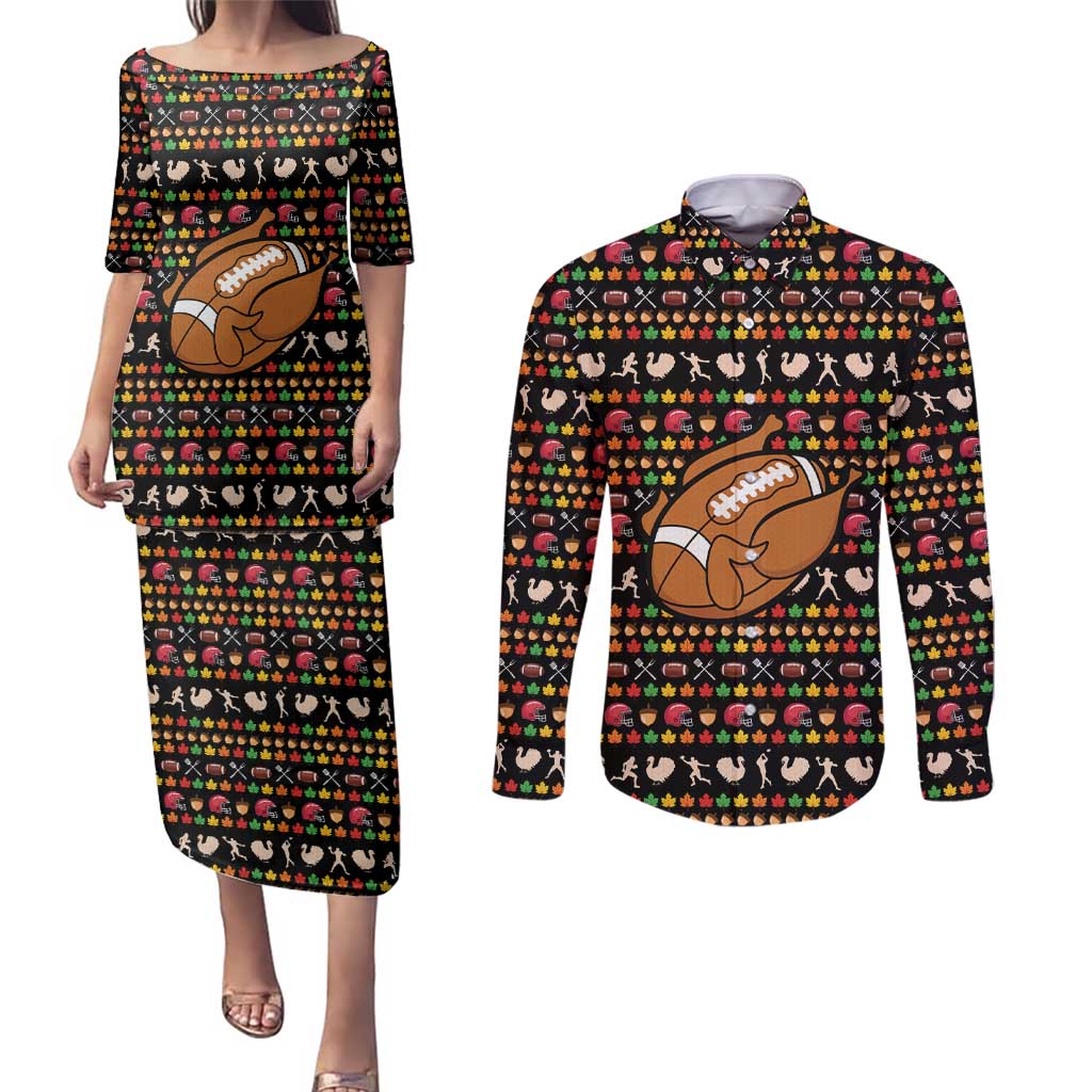 Merry Christmas Turkey Football Couples Matching Puletasi and Long Sleeve Button Shirt Fall Leaves Pattern for Game Day Fans - Wonder Print Shop