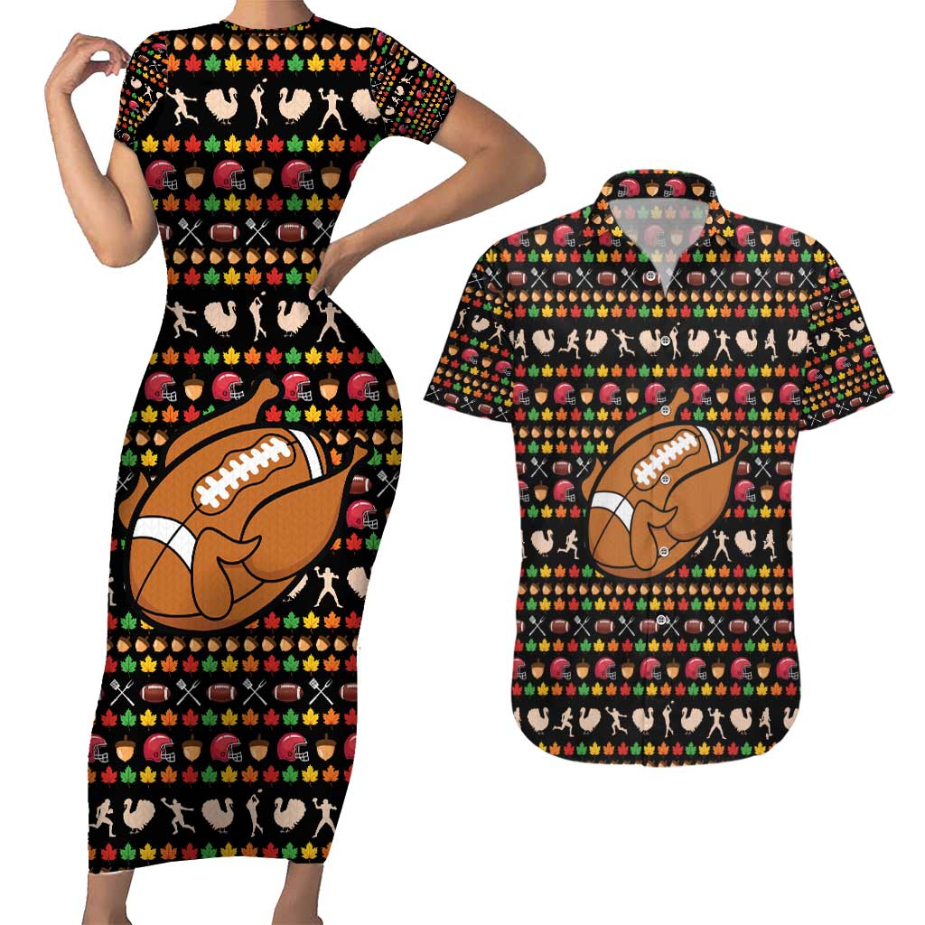 Merry Christmas Turkey Football Couples Matching Short Sleeve Bodycon Dress and Hawaiian Shirt Fall Leaves Pattern for Game Day Fans - Wonder Print Shop