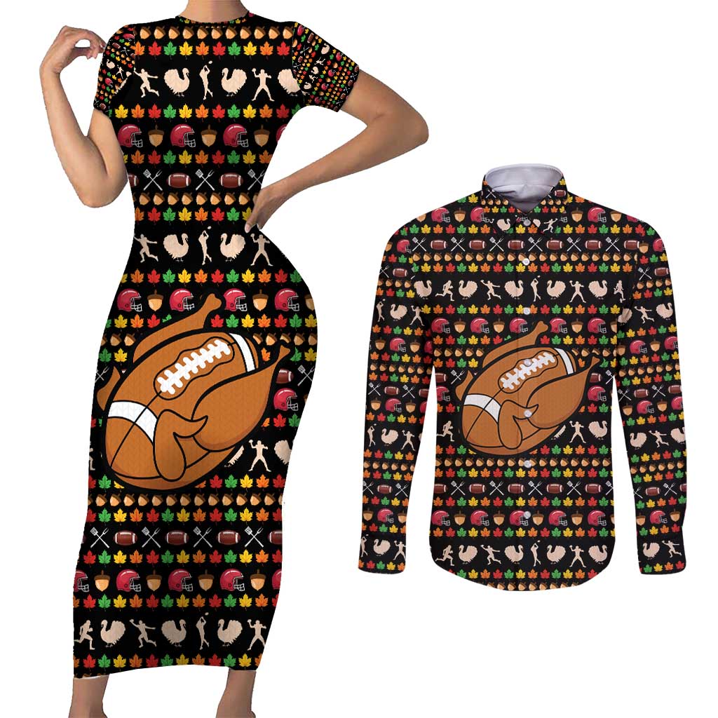 Merry Christmas Turkey Football Couples Matching Short Sleeve Bodycon Dress and Long Sleeve Button Shirt Fall Leaves Pattern for Game Day Fans - Wonder Print Shop