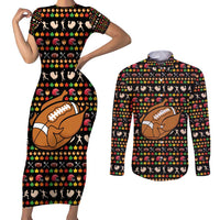 Merry Christmas Turkey Football Couples Matching Short Sleeve Bodycon Dress and Long Sleeve Button Shirt Fall Leaves Pattern for Game Day Fans - Wonder Print Shop