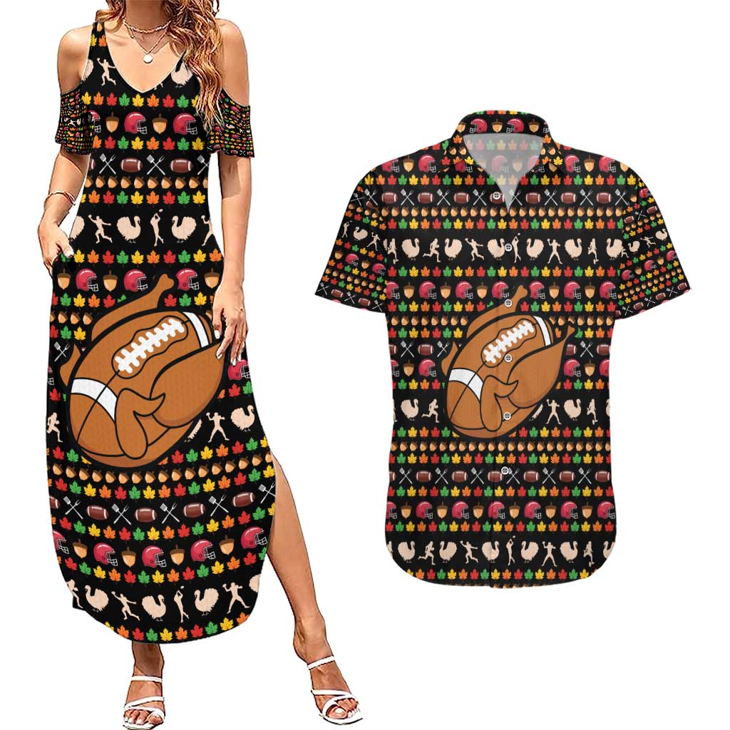 Merry Christmas Turkey Football Couples Matching Summer Maxi Dress and Hawaiian Shirt Fall Leaves Pattern for Game Day Fans - Wonder Print Shop