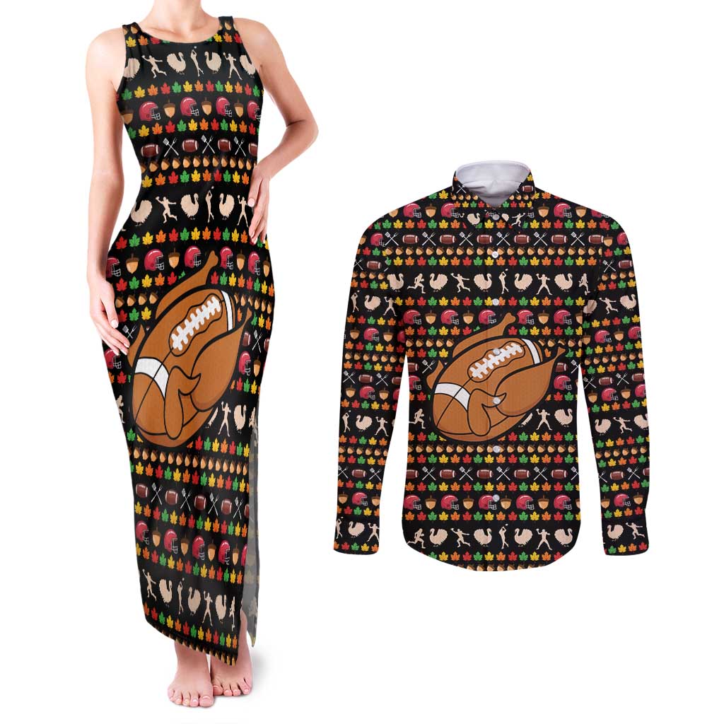 Merry Christmas Turkey Football Couples Matching Tank Maxi Dress and Long Sleeve Button Shirt Fall Leaves Pattern for Game Day Fans - Wonder Print Shop